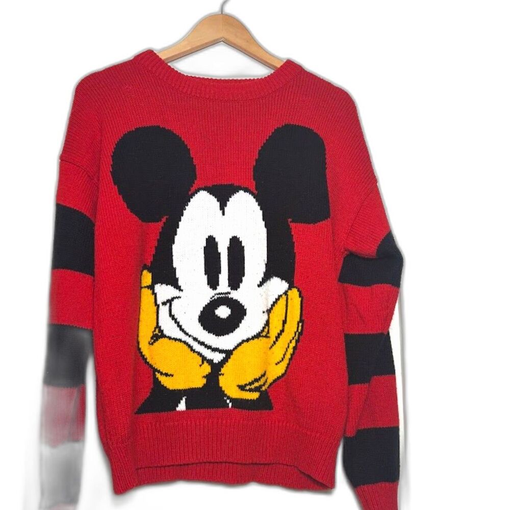 Disney Sweater VTG Unisex Size L/XL Red Black Mickey & co Striped Knit Pullover